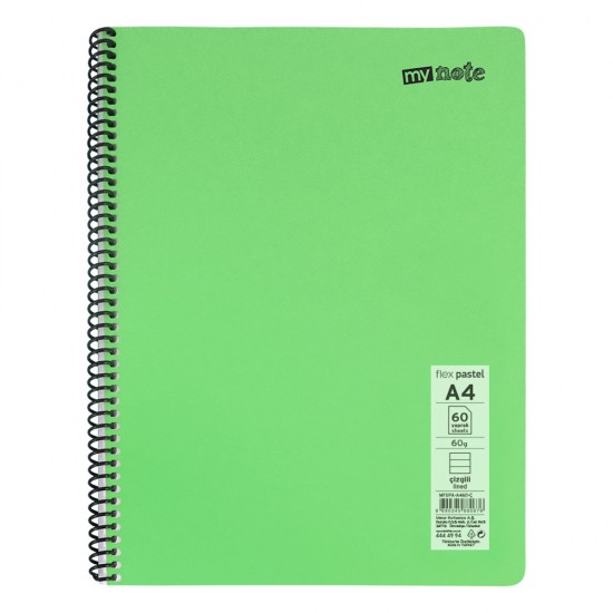 Caiet cu spira Mynote, format A4, 60 file offset 60 g/mp, liniatura dictando, coperta PP pastel, mix de 8 culori