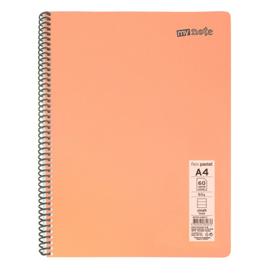 Caiet cu spira Mynote, format A4, 60 file offset 60 g/mp, liniatura dictando, coperta PP pastel, mix de 8 culori