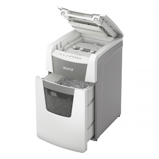 Distrugator documente automat Leitz IQ Office, P4, cross-cut (confeti), 150 coli, cos 44l, alb-gri