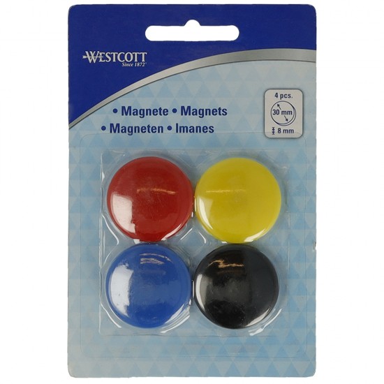 Set 4 magneti Westcott, d30 mm, diverse culori, sustin 4/6 coli, 80g