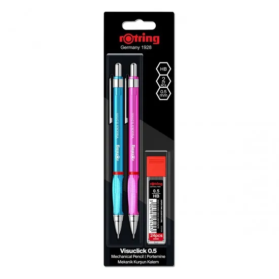 Set 2 creioane mecanice Rotring Visuclick 0.5 mm + etui 24 mine, diverse culori