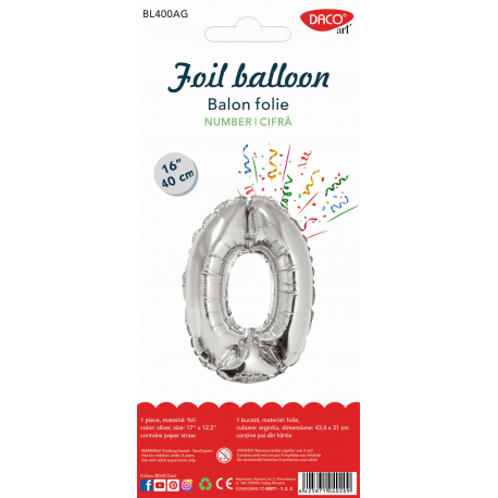 Balon folie cifra 0 argintiu 40 cm daco bl400ag