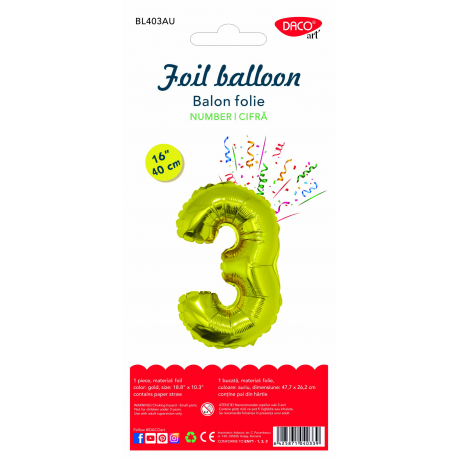 Balon folie cifra 3 auriu 40 cm daco bl403au