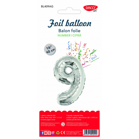 Balon folie cifra 9 argintiu 40 cm daco bl409ag