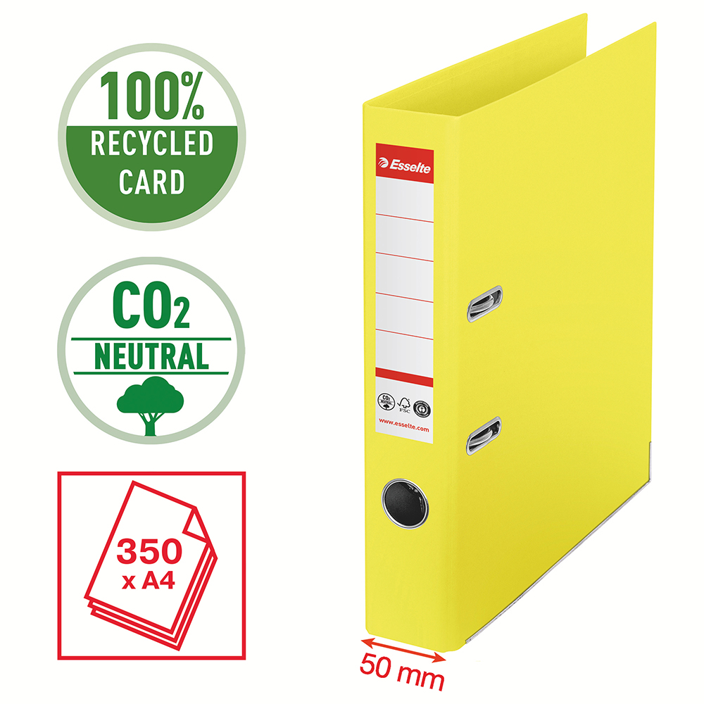 Biblioraft Esselte No.1 Power Recycled carton reciclat si reciclabil cu amprenta CO2 neutra A4 50 mm galben