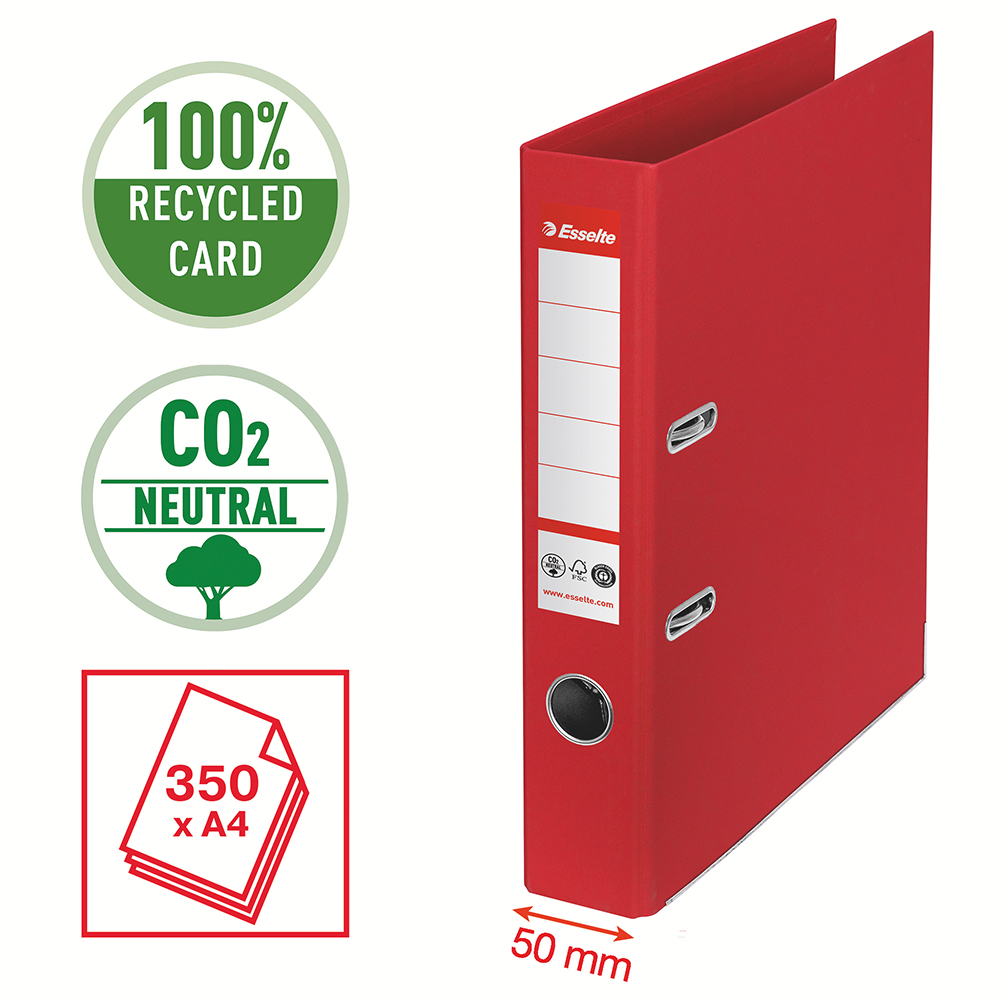 Biblioraft Esselte No.1 Power Recycled carton reciclat si reciclabil cu amprenta CO2 neutra A4 50 mm rosu