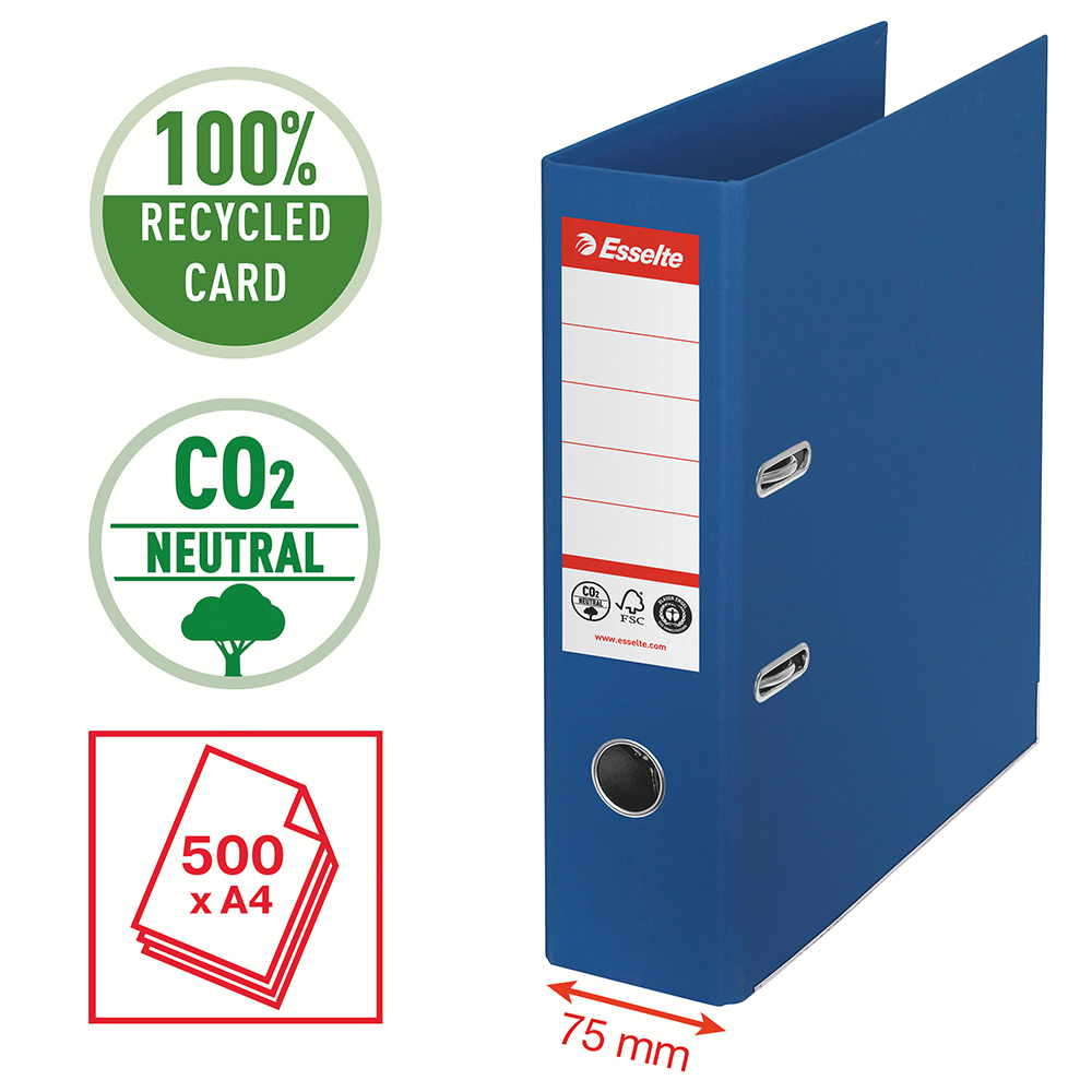 Biblioraft Esselte No.1 Power Recycled  carton reciclat si reciclabil cu amprenta CO2 neutra  A4  75 mm  albastru