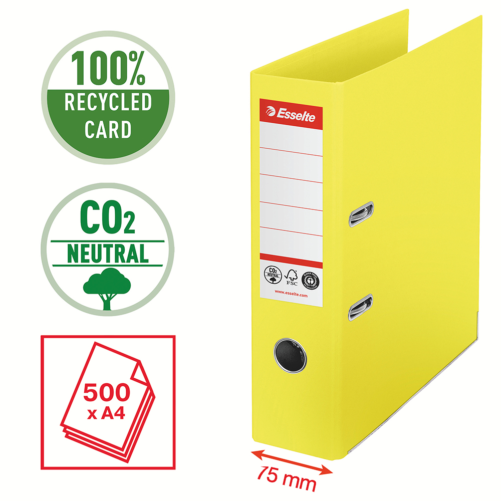 Biblioraft Esselte No.1 Power Recycled  carton reciclat si reciclabil cu amprenta CO2 neutra  A4  75 mm  galben