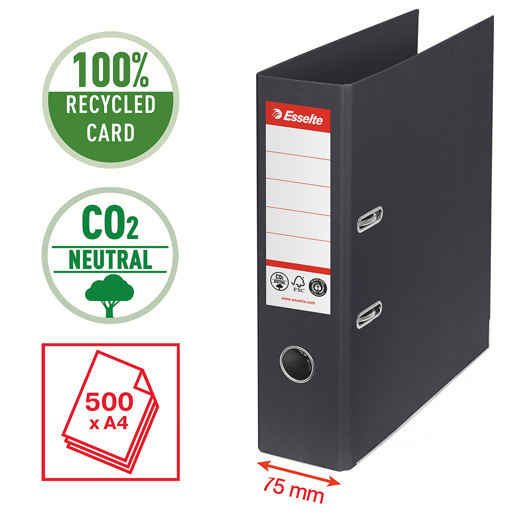 Biblioraft Esselte No.1 Power Recycled  carton reciclat si reciclabil cu amprenta CO2 neutra  A4  75 mm  negru