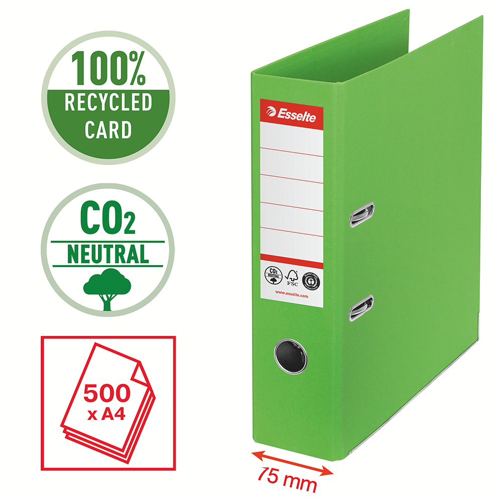 Biblioraft Esselte No.1 Power Recycled carton reciclat si reciclabil cu amprenta CO2 neutra A4 75 mm verde