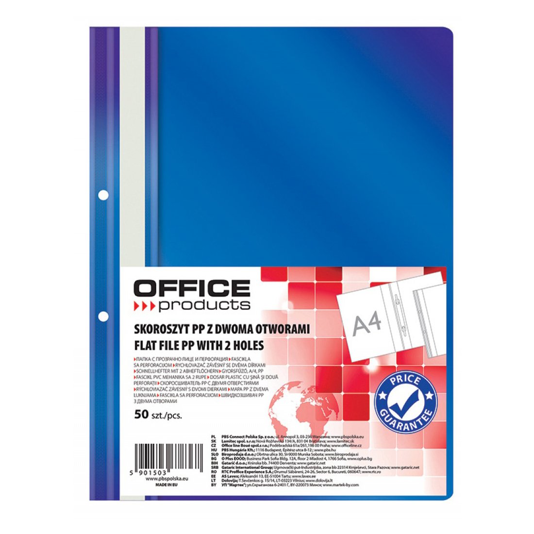 Dosar cu sina si 2 perforatii Office Products A4 plastic 50 bucati/set bleumarin