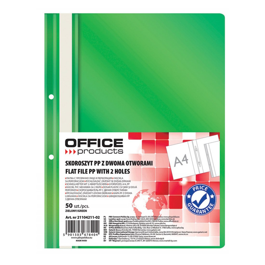 Dosar cu sina si 2 perforatii Office Products  A4  plastic  50 bucati/set  verde