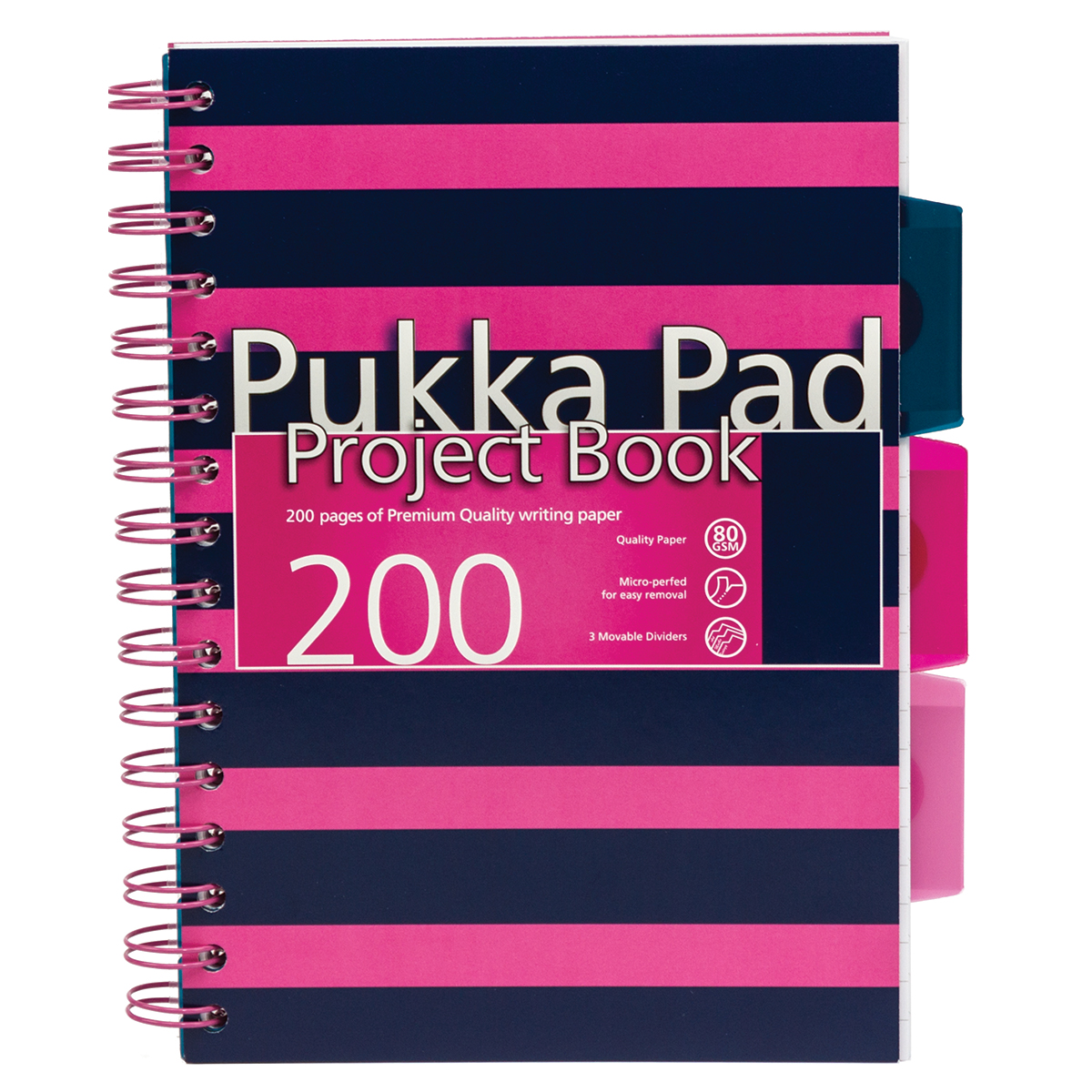 Caiet cu spirala si separatoare Pukka Pads Navy Project Book A5 200 pag matematica roz