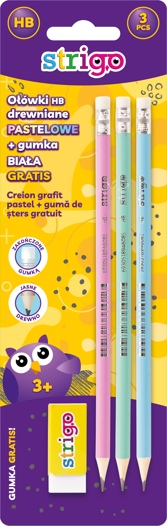 Set 3 creioane HB pastel+guma de sters  in blister