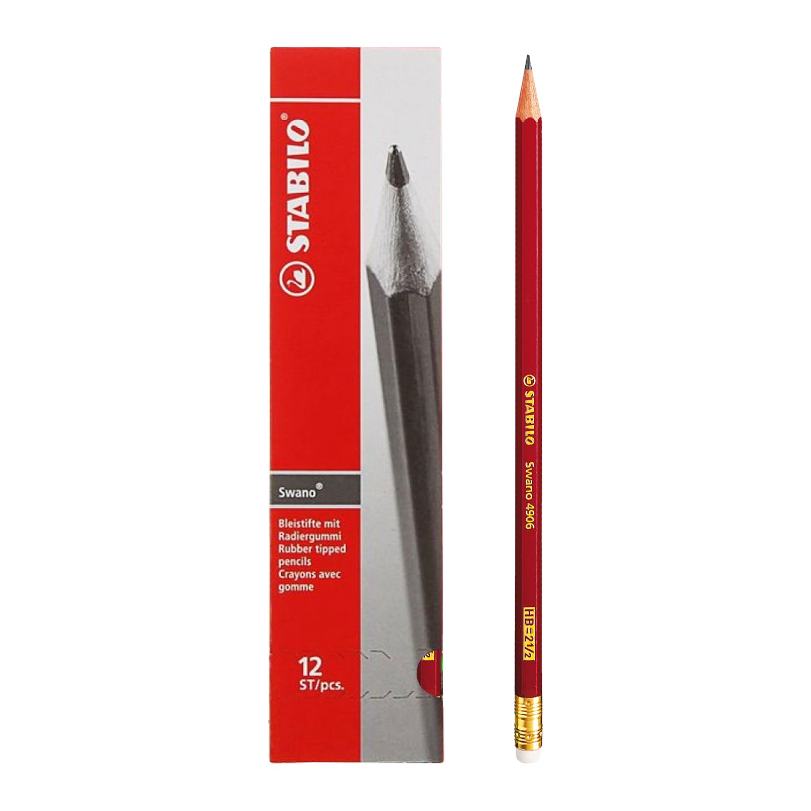 Creion grafit Stabilo Swano 4906 mina HB cu radiera rosu ascutit 12 bucati/cutie